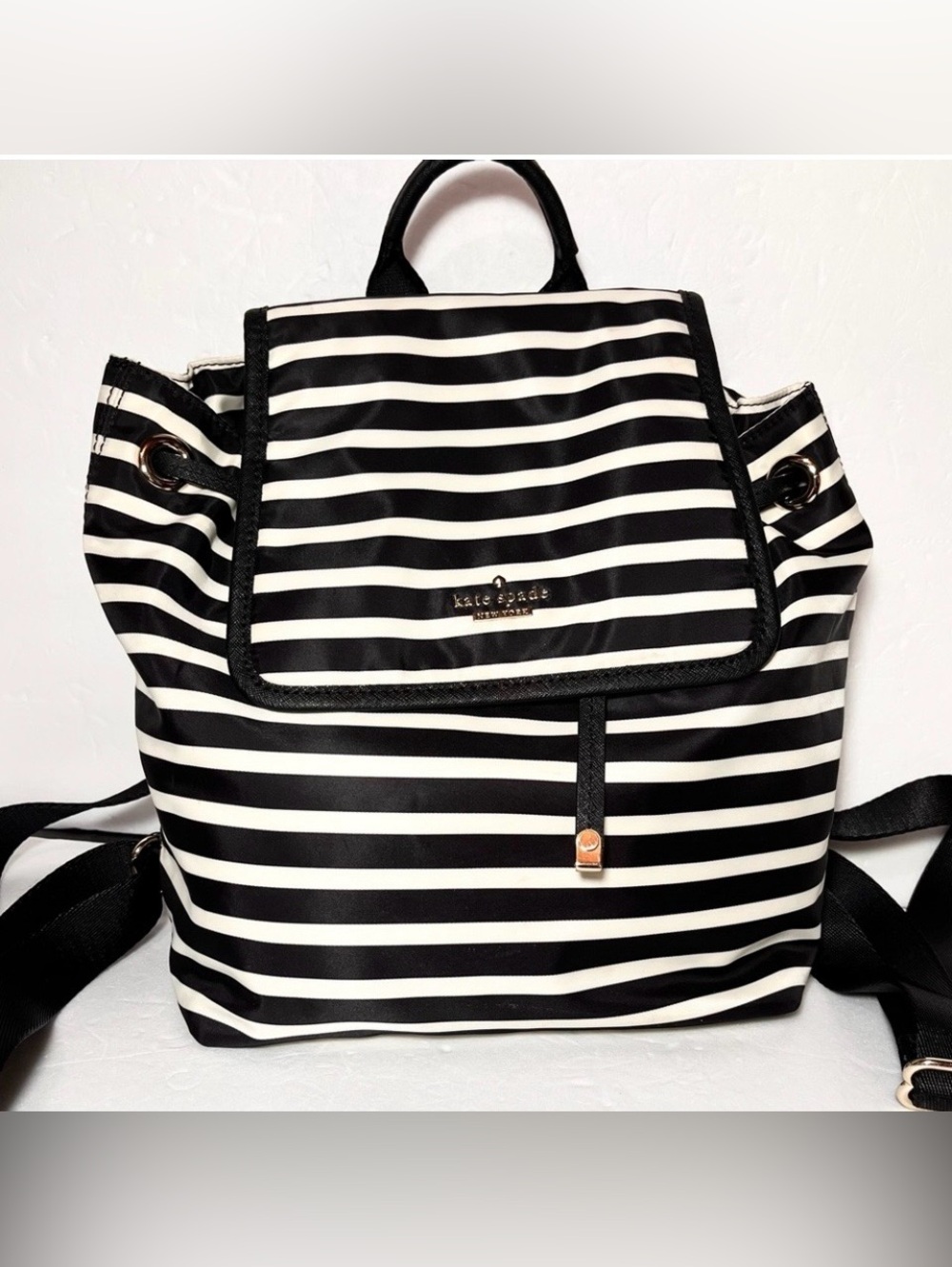 kate spade New York Classic Molly Black and Cream Striped Nylon Backpack